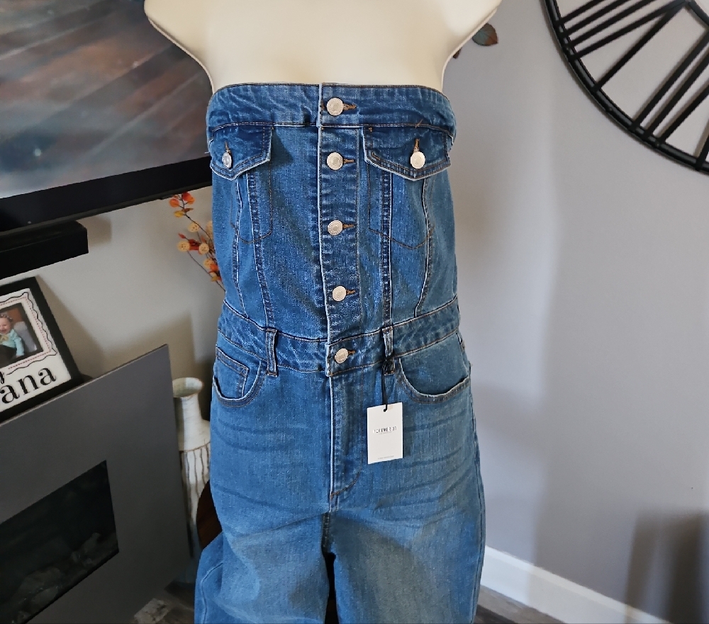 #95 Forever 21 Blue Denim Strapless Overalls Classic Style